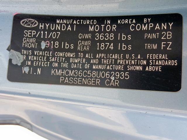 KMHCM36C58U062935 - 2008 HYUNDAI ACCENT GS BLUE photo 10