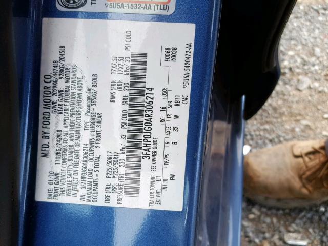 3FAHP0JG0AR306214 - 2010 FORD FUSION SEL BLUE photo 10