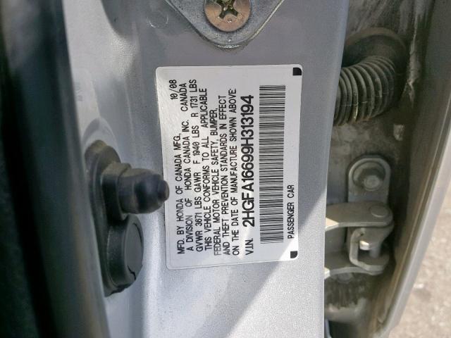 2HGFA16699H313194 - 2009 HONDA CIVIC LX-S 银色 照片 10