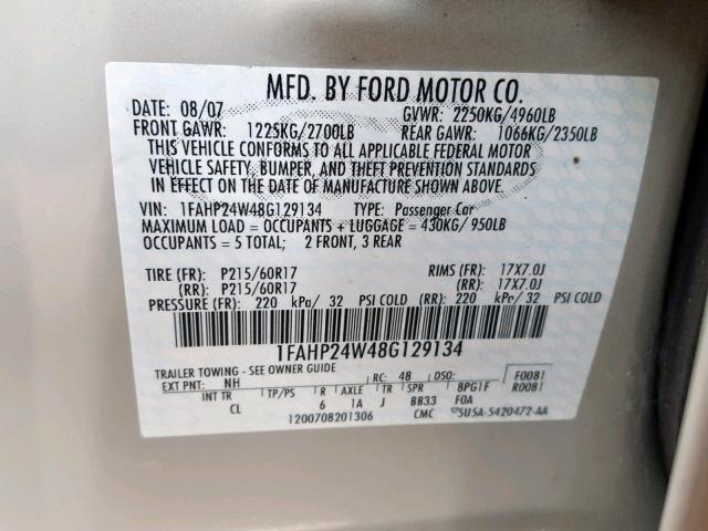 1FAHP24W48G129134 - 2008 FORD TAURUS SEL CREAM photo 10