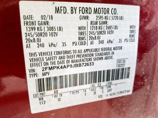 2FMPK4AP9JBB72633 - 2018 FORD EDGE SPORT RED photo 10