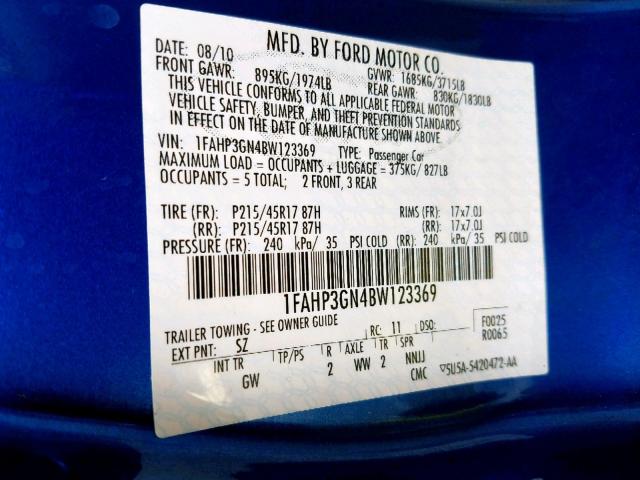 1FAHP3GN4BW123369 - 2011 FORD FOCUS SES BLUE photo 10