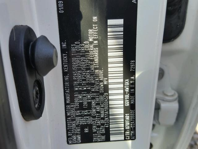 4T3ZK11A19U004579 - 2009 TOYOTA VENZA BASE WHITE photo 10