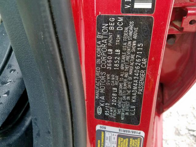 KNADM4A34D6267115 - 2013 KIA RIO LX RED photo 10