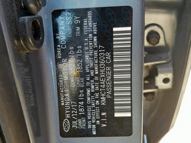 KMHCT4AEXHU360317 - 2017 HYUNDAI ACCENT SE BLUE photo 10