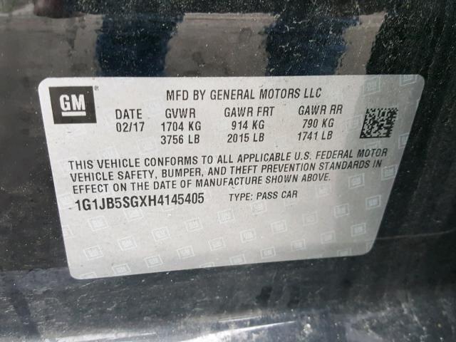 1G1JB5SGXH4145405 - 2017 CHEVROLET SONIC LS BLACK photo 10