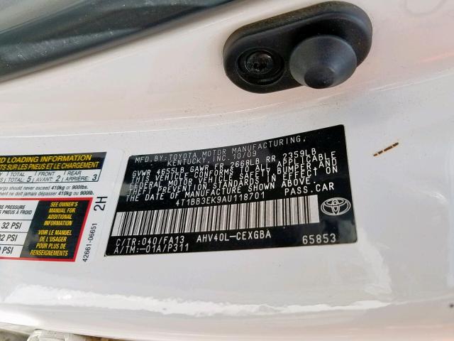 4T1BB3EK9AU118701 - 2010 TOYOTA CAMRY HYBR WHITE photo 10