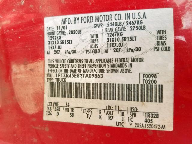 1FTZR45E82TA09863 - 2002 FORD RANGER SUP RED photo 10