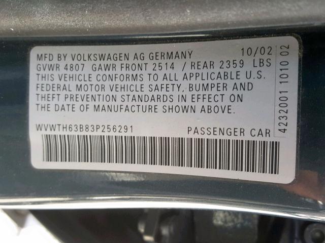 WVWTH63B83P256291 - 2003 VOLKSWAGEN PASSAT GLX GRAY photo 10