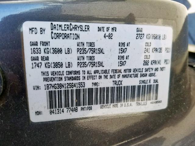 1B7HG38N12S641553 - 2002 DODGE DAKOTA QUA GRAY photo 10