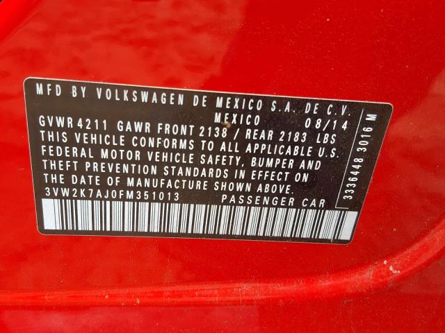 3VW2K7AJ0FM351013 - 2015 VOLKSWAGEN JETTA BASE წითელი ფოტო 10