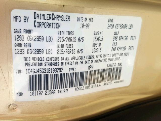 1C4GJ45G31B103797 - 2001 CHRYSLER VOYAGER LX GOLD photo 10