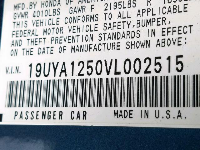 19UYA1250VL002515 - 1997 ACURA 2.2CL BLUE photo 10