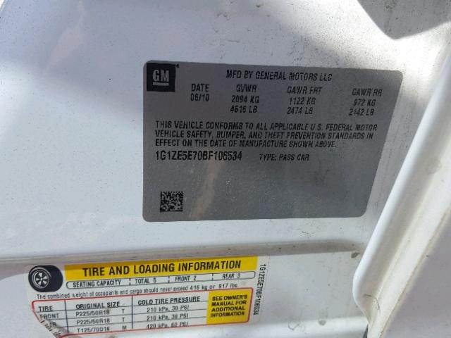 1G1ZE5E70BF106534 - 2011 CHEVROLET MALIBU LTZ 白色 照片 10