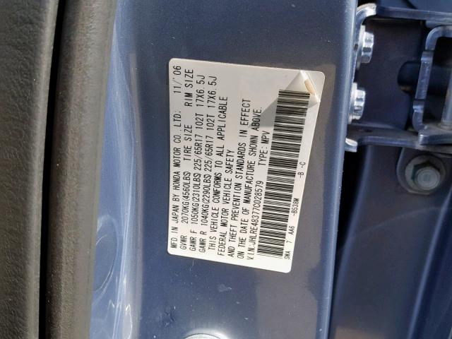 JHLRE48377C028579 - 2007 HONDA CR-V LX BLUE photo 10