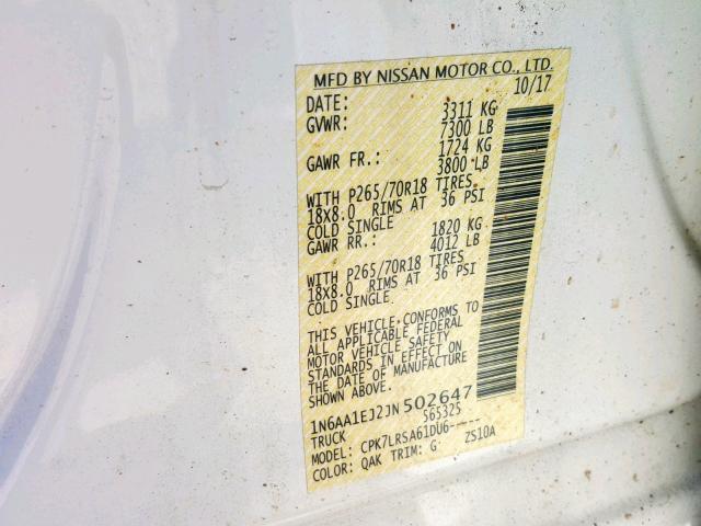 1N6AA1EJ2JN502647 - 2018 NISSAN TITAN S WHITE photo 10