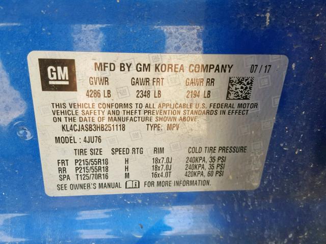 KL4CJASB3HB251118 - 2017 BUICK ENCORE PRE BLUE photo 10