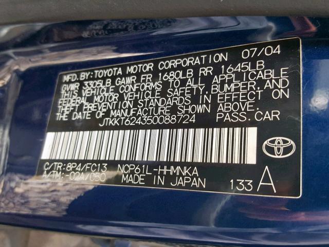 JTKKT624350088724 - 2005 TOYOTA SCION XA BLUE photo 10