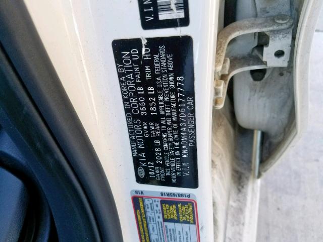 KNADM4A37D6177778 - 2013 KIA RIO LX WHITE photo 10