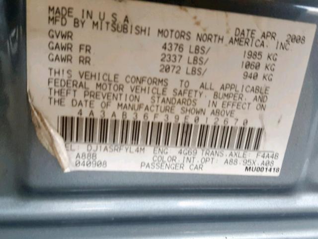 4A3AB36F39E012670 - 2009 MITSUBISHI GALANT ES SILVER photo 10