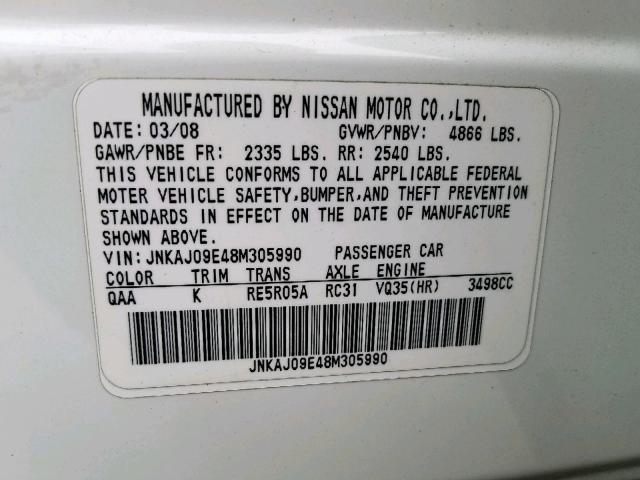 JNKAJ09E48M305990 - 2008 INFINITI EX35 BASE WHITE photo 10