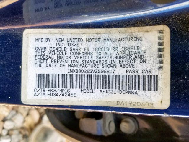 1NXBB02E5VZ596617 - 1997 TOYOTA COROLLA DX BLUE photo 10