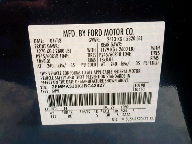 2FMPK3J9XJBC42927 - 2018 FORD EDGE SEL BLUE photo 10