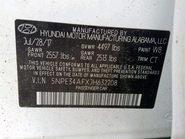 5NPE34AFXJH632208 - 2018 HYUNDAI SONATA SPO WHITE photo 10