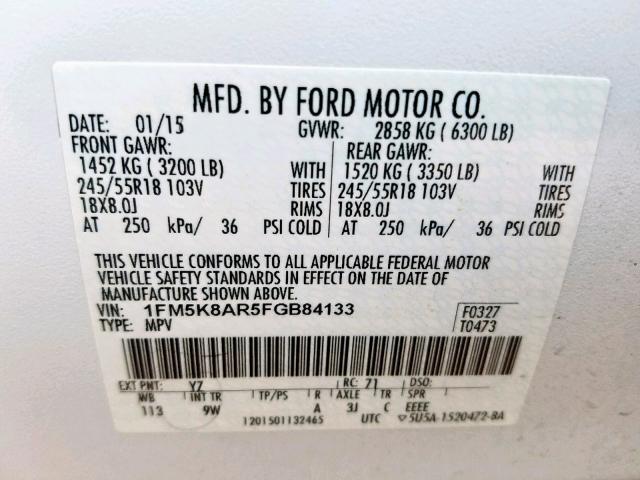 1FM5K8AR5FGB84133 - 2015 FORD EXPLORER P WHITE photo 10