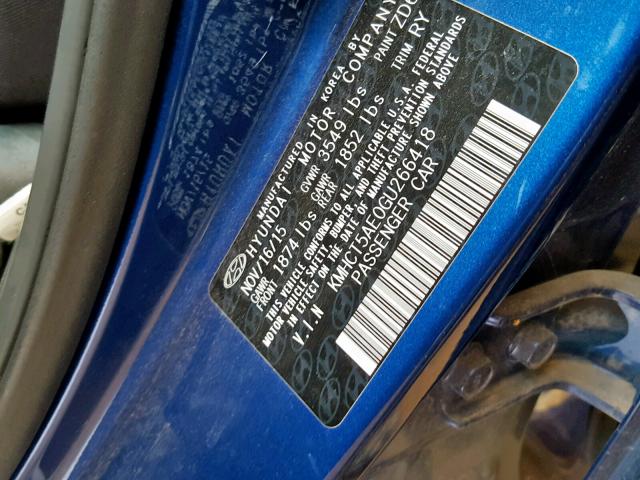 KMHCT5AE0GU266418 - 2016 HYUNDAI ACCENT SE BLUE photo 10