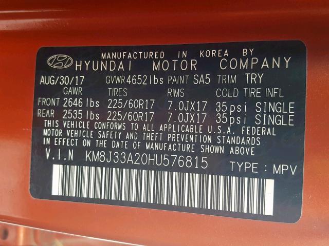 KM8J33A20HU576815 - 2017 HYUNDAI TUCSON LIM ORANGE photo 10