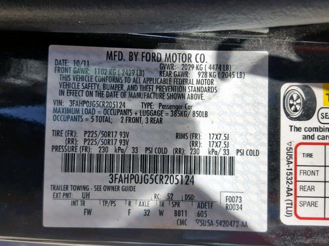 3FAHP0JG5CR205124 - 2012 FORD FUSION SEL BLACK photo 10