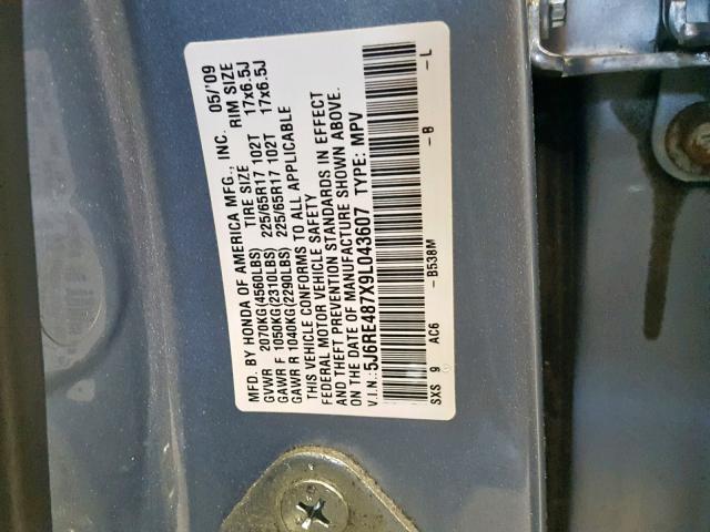 5J6RE487X9L043607 - 2009 HONDA CR-V EXL BLUE photo 10