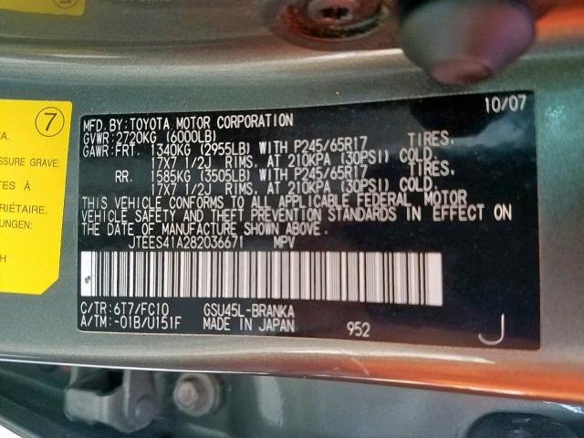 JTEES41A282036671 - 2008 TOYOTA HIGHLANDER GRAY photo 10