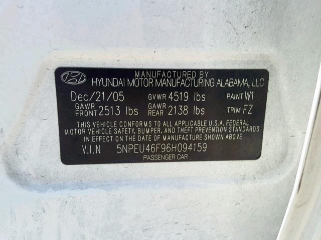 5NPEU46F96H094159 - 2006 HYUNDAI SONATA GLS WHITE photo 10