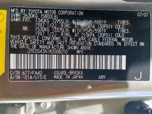 JTEDS43A182008210 - 2008 TOYOTA HIGHLANDER GREEN photo 10