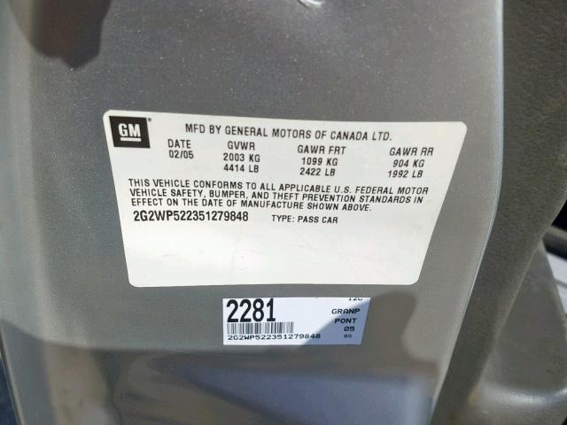 2G2WP522351279848 - 2005 PONTIAC GRAND PRIX SILVER photo 10