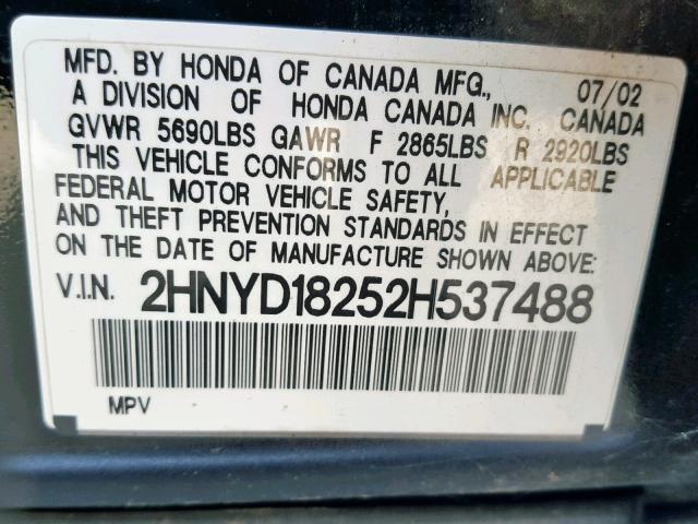 2HNYD18252H537488 - 2002 ACURA MDX BLACK photo 10