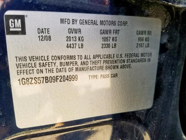 1G8ZS57B09F204999 - 2009 SATURN AURA XE BLUE photo 10