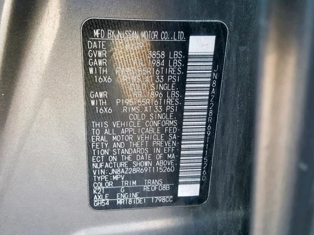 JN8AZ28R69T115260 - 2009 NISSAN CUBE BASE GRAY photo 10