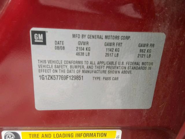 1G1ZK57769F129851 - 2009 CHEVROLET MALIBU LTZ წითელი ფოტო 10