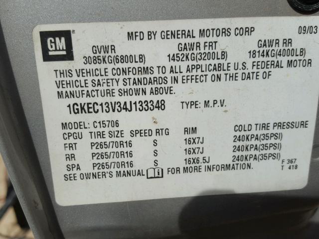 1GKEC13V34J133348 - 2004 GMC YUKON SILVER photo 10