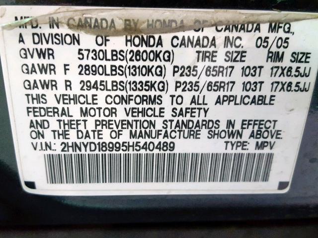 2HNYD18995H540489 - 2005 ACURA MDX TOURIN GRAY photo 10