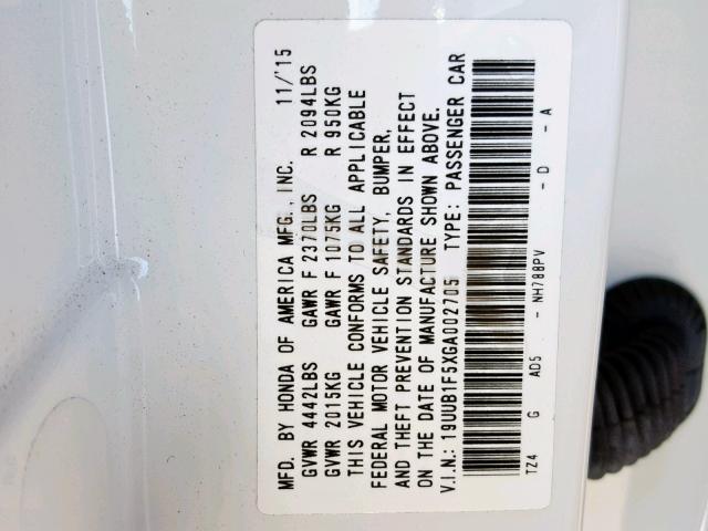 19UUB1F5XGA002705 - 2016 ACURA TLX TECH WHITE photo 10