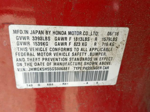 JHMGK5H55GS006881 - 2016 HONDA FIT LX RED photo 10