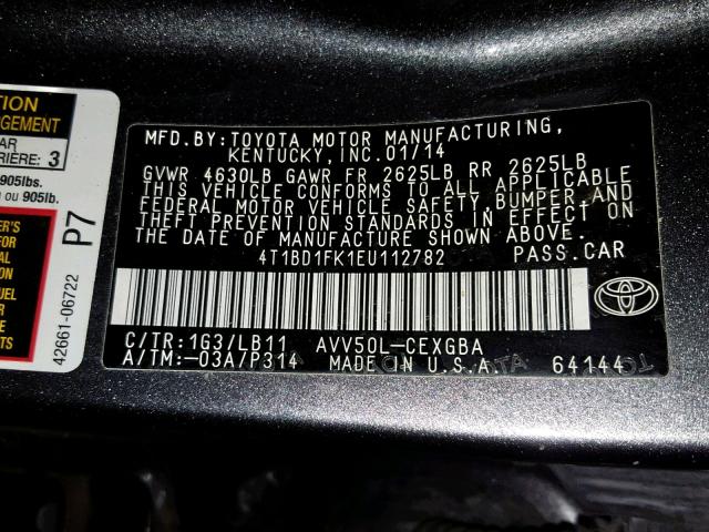 4T1BD1FK1EU112782 - 2014 TOYOTA CAMRY HYBR GRAY photo 10