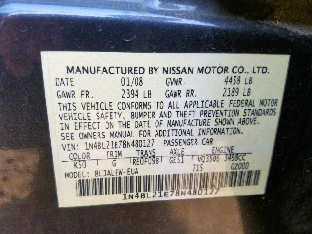 1N4BL21E78N480127 - 2008 NISSAN ALTIMA 3.5 CHARCOAL photo 10