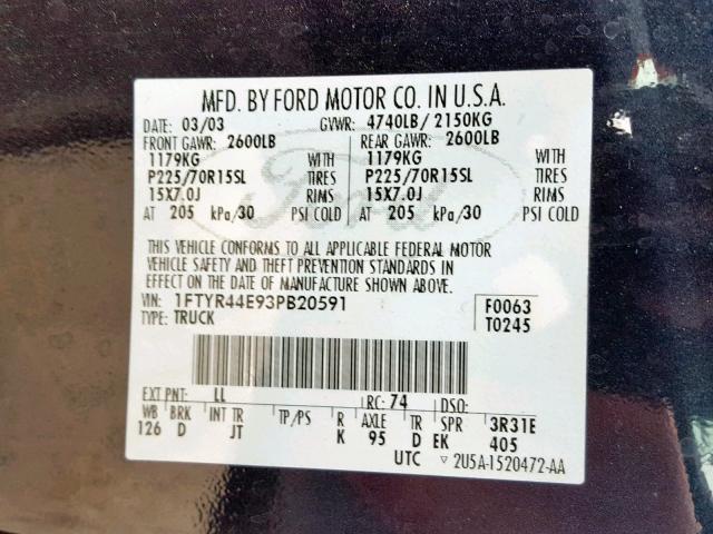 1FTYR44E93PB20591 - 2003 FORD RANGER SUP BLUE photo 10