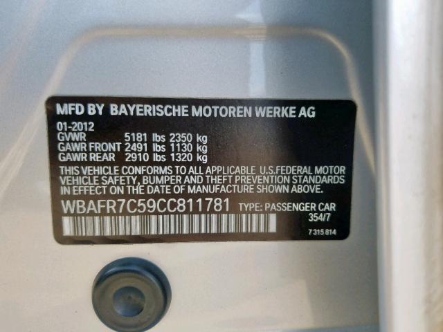 WBAFR7C59CC811781 - 2012 BMW 535 I SILVER photo 10