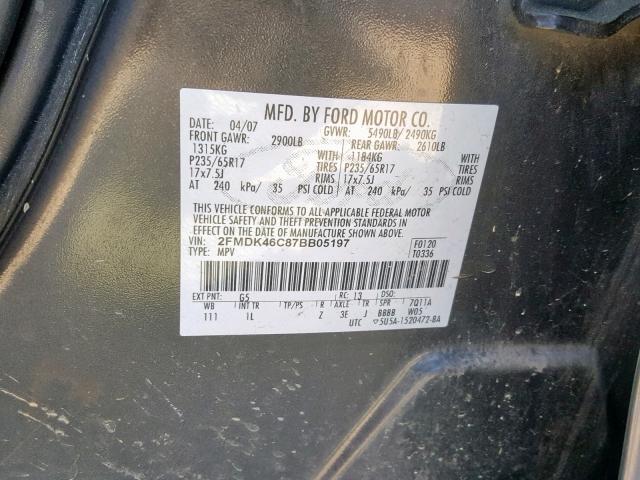 2FMDK46C87BB05197 - 2007 FORD EDGE SE GRAY photo 10